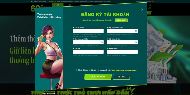 Form điền thông tin để tạo tài khoản tại 69VN